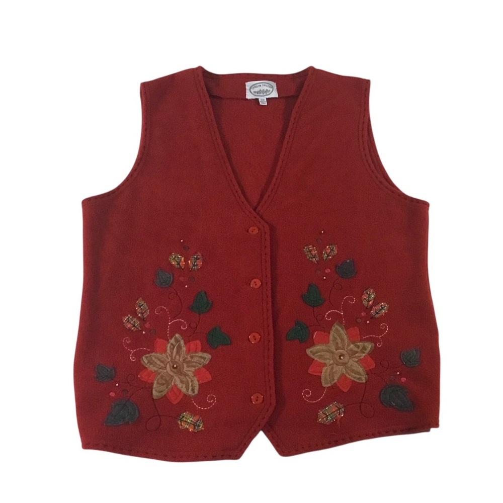 Vintage Carolyn Taylor Christmas Holiday Embroidered Fleece Vest Medium cottage
